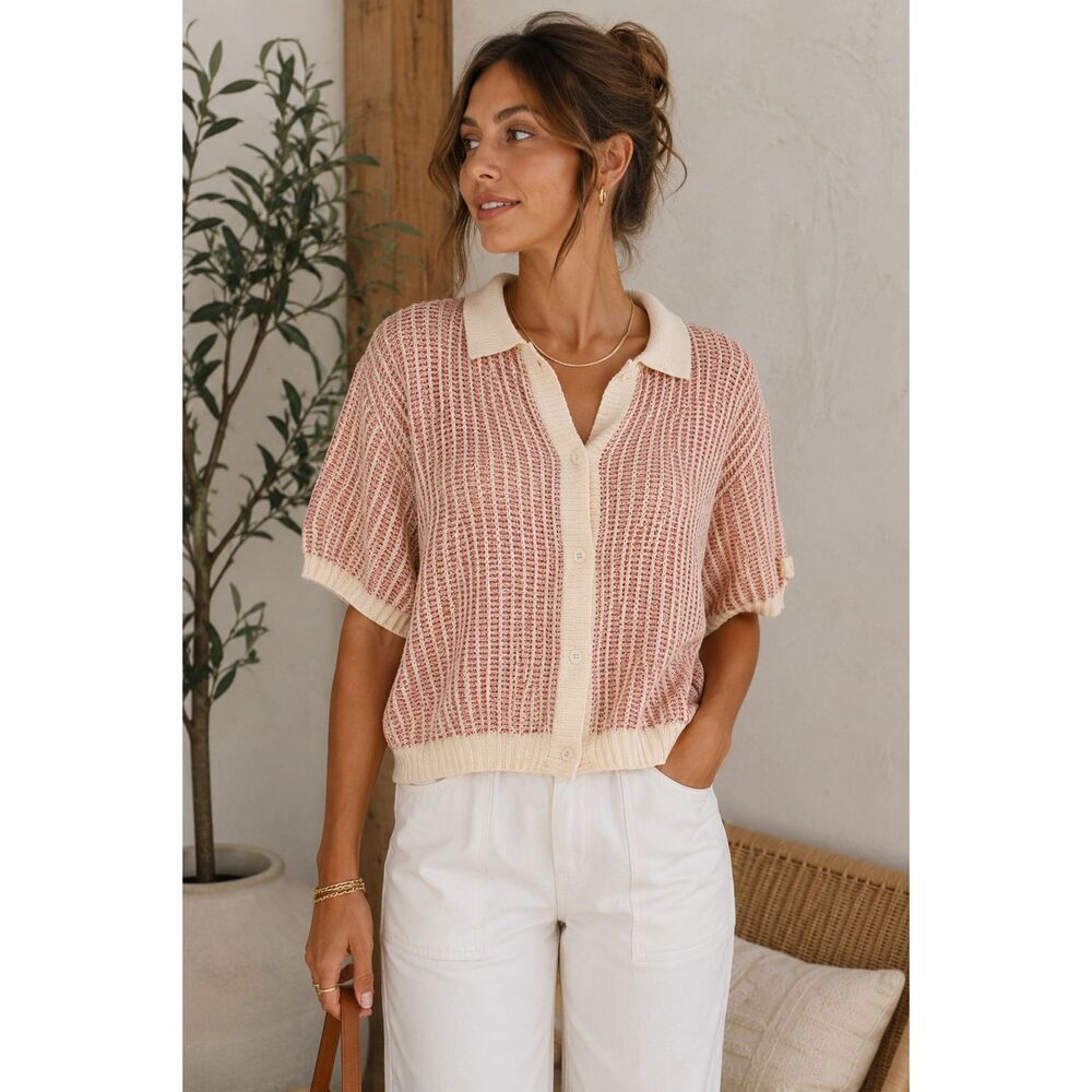 BDG Pink Open Knit Polo Cardigan Size S Oversized Coastal Preppy Retro